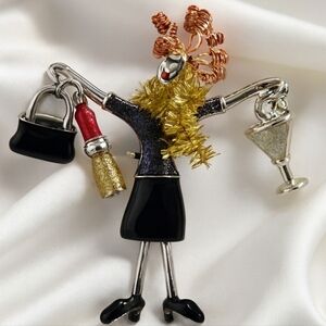 Holiday Glam Dangle Brooch – Metallic Figurine w/ Wine Glass, Lipstick & Bag Pin